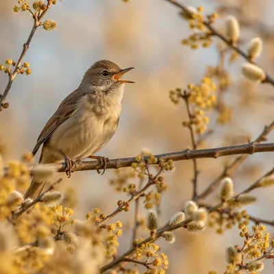 Singing Songbird on Spring Willow Branch