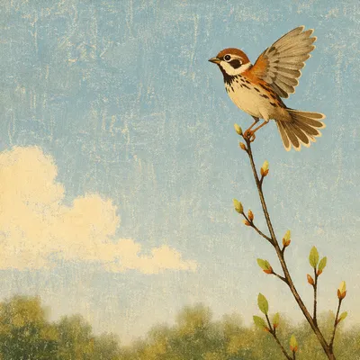 Small Songbird Balancing on Budding Branch