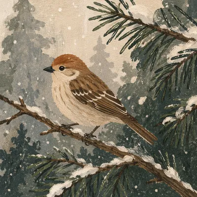 Small Brown Songbird on Snowy Evergreen Branch