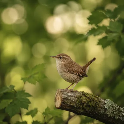 Small Brown Songbird on Mossy Branch