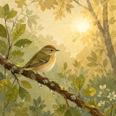 Peaceful Songbird on Mossy Spring Branch