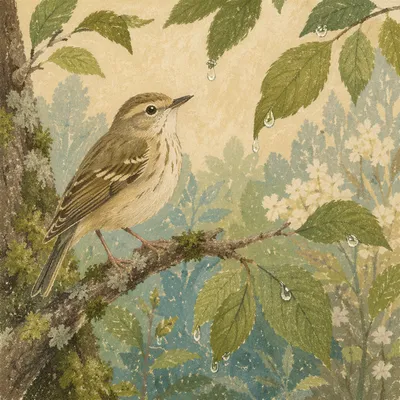 Small Songbird on Mossy Woodland Branch