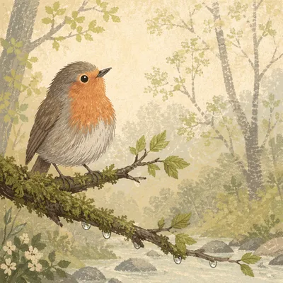 Small Songbird on Mossy Woodland Branch