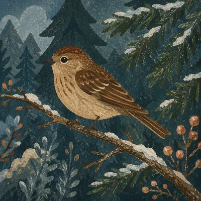 Small Winter Songbird on Evergreen Branch