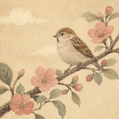 Small Songbird on Dusty Rose Blossoms