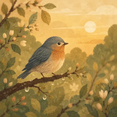 Peaceful Songbird on Dewy Orchard Branch