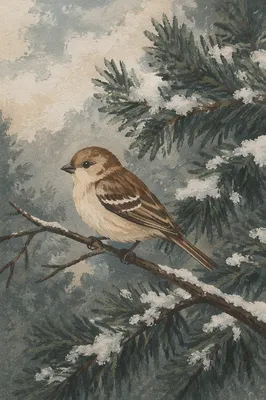 Winter Songbird on Snowy Evergreen Branch