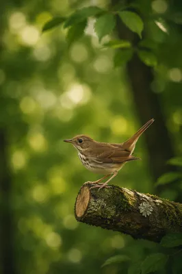 Small Brown Songbird on Mossy Branch