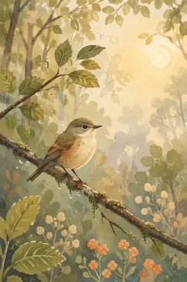 Peaceful Songbird on Mossy Spring Branch