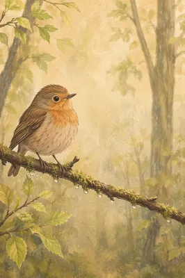 Small Songbird on Mossy Woodland Branch