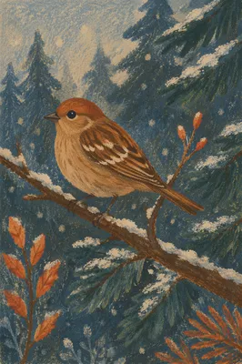 Winter Songbird on Snowy Evergreen Branch