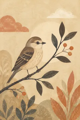 Small Songbird on Leafy Branch