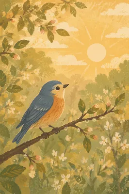 Small Songbird on Dewy Orchard Branch
