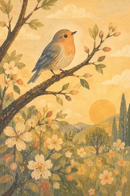 Tiny Songbird on Spring Orchard Branch