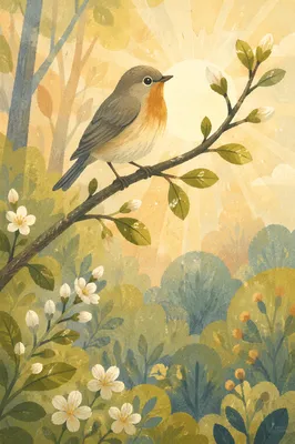 Small Songbird on Spring Budding Branch