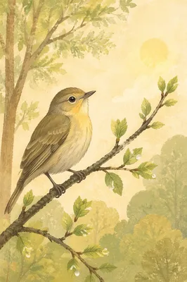 Small Songbird on Spring Budding Branch