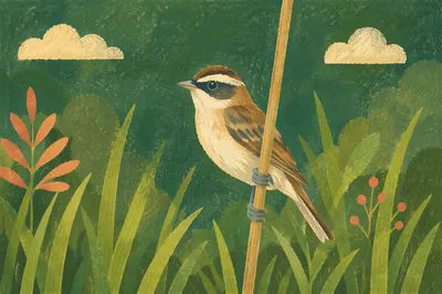 Small Songbird on Reed in Wetland Meadow