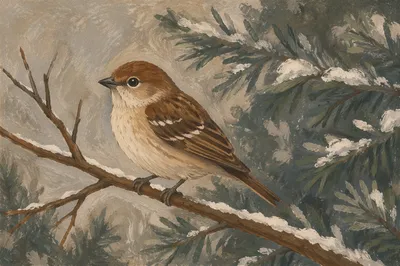 Small Brown Songbird on Snowy Evergreen Branch