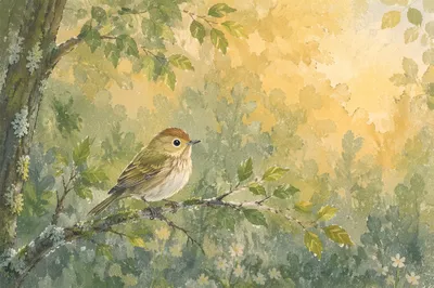 Peaceful Songbird on Rain-Kissed Branch