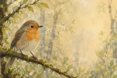 Small Songbird on Mossy Woodland Branch