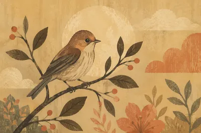 Small Songbird on Leafy Branch