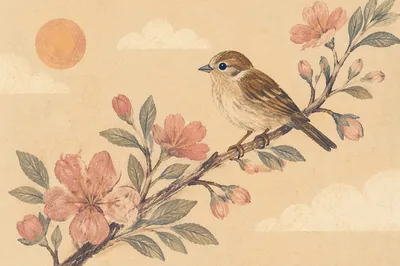 Songbird on Dusty Rose Flowering Branch