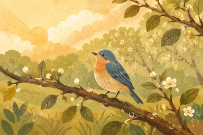Peaceful Songbird on Dewy Orchard Branch