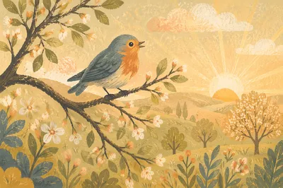 Tiny Songbird on Spring Orchard Branch
