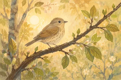 Small Songbird on Spring Woodland Branch