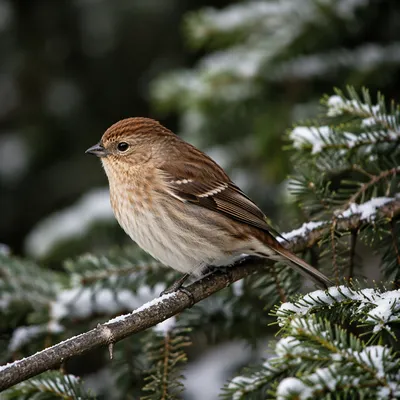 Small Brown Songbird on Snowy Evergreen Branch
