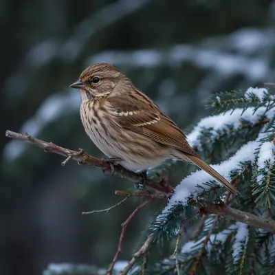 Small Brown Songbird on Snowy Branch