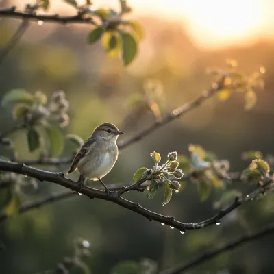 Peaceful Songbird on Dewy Orchard Branch