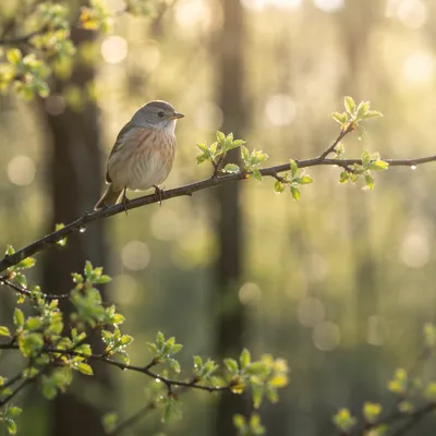 Small Songbird on Spring Woodland Branch