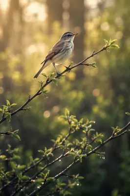 Small Songbird on Spring Budding Branch
