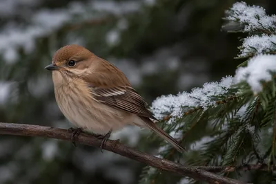 Small Songbird on Snowy Evergreen Branch