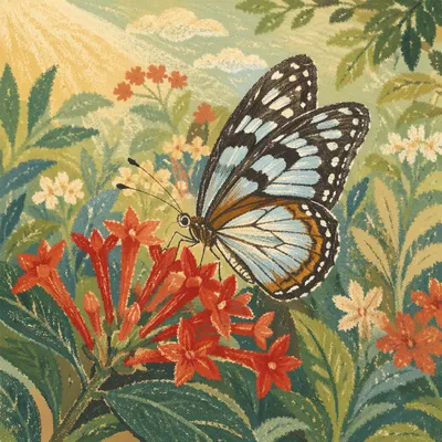 Colorful Butterfly on Red Garden Flowers