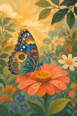Colorful Butterfly on Morning Zinnia Bloom
