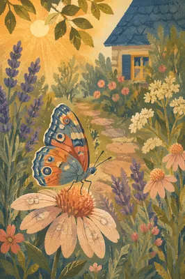 Colorful Butterfly in Morning Garden Blossoms