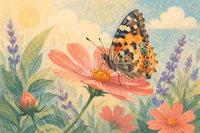 Colorful Butterfly on Pink Cosmos Bloom