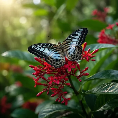 Colorful Butterfly on Red Garden Flowers