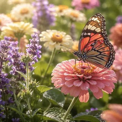 Colorful Butterfly on Pink Zinnia Garden