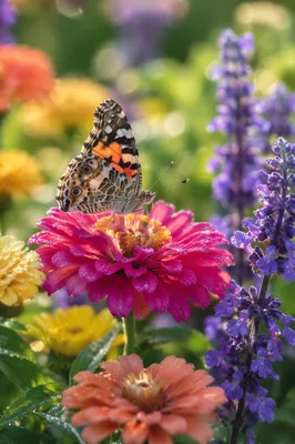 Colorful Butterfly on Zinnia in Morning Garden