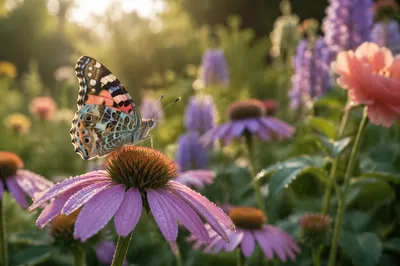 Colorful Butterfly on Purple Garden Flower