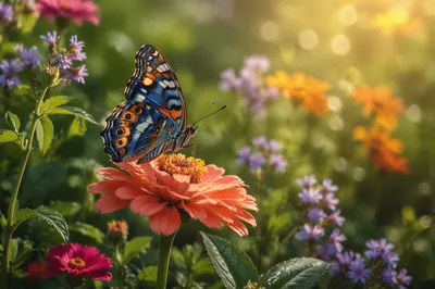 Colorful Butterfly on Morning Zinnia