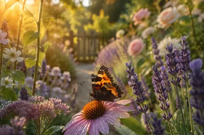 Colorful Butterfly in Dewy Morning Garden