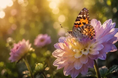 Colorful Butterfly on Dewy Garden Flower