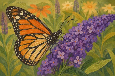 Colorful Butterfly on Purple Garden Blossoms