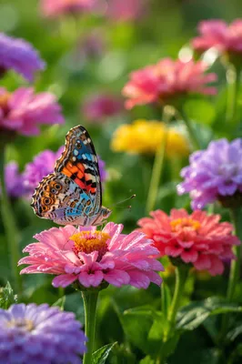 Colorful Butterfly Resting on Pink Zinnia