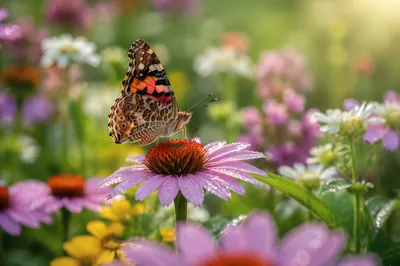 Colorful Butterfly on Dewy Summer Flower