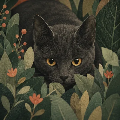 Charcoal Cat with Amber Eyes in Greenery